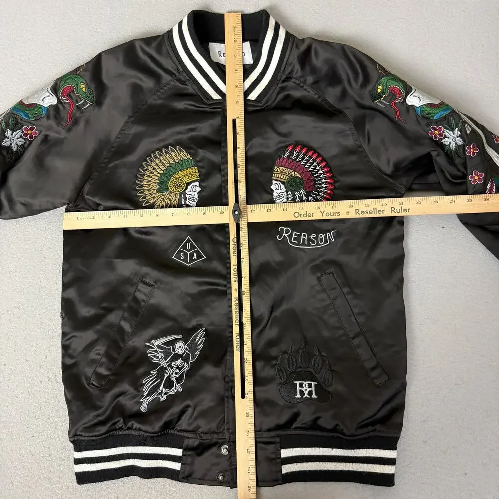 Reason NYC Satin Bomber Jacket Mens L Black Embroidered Skull Snake Varsity